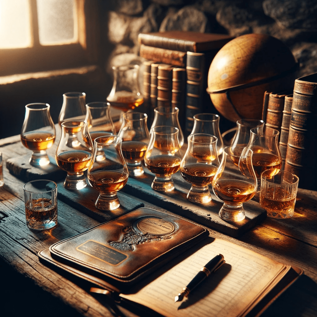 DALL·E-2023-11-14-13.40.29-A-rustic-wooden-table-set-for-a-whisky-tasting-event.-There-are-several-round-glasses-each-containing-a-different-amber-colored-whisky-arranged-in-a